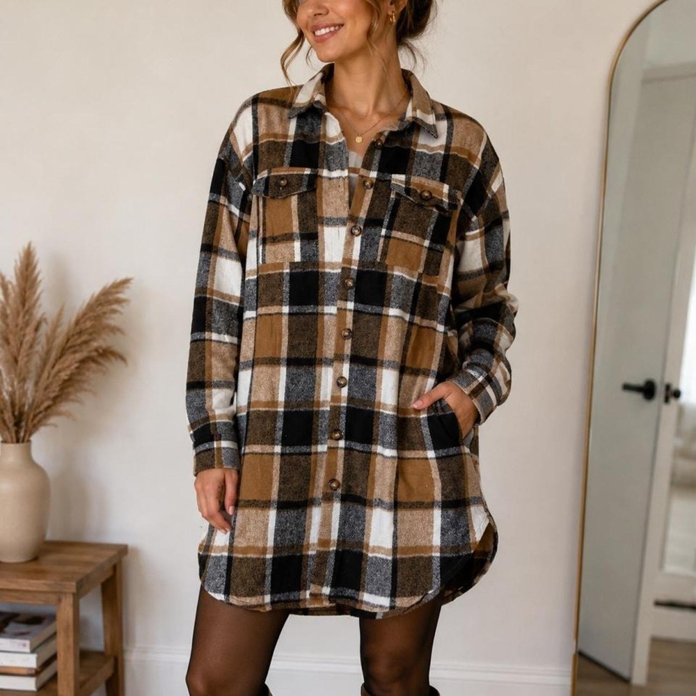 Brown Plaid Longline Flannel Shacket | Size Small